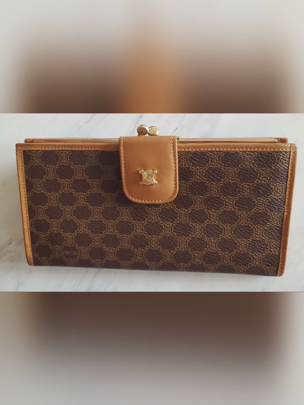 Vintage Celine Macadam Triomphe Bifold Long Wallet With Kisslock